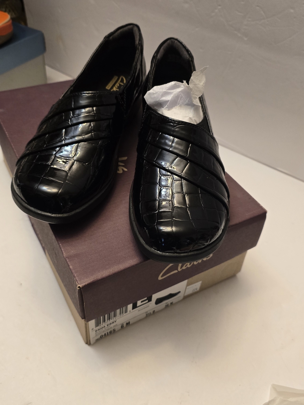 Clarks Black Patent Croc-Embossed Slip-On Loafers